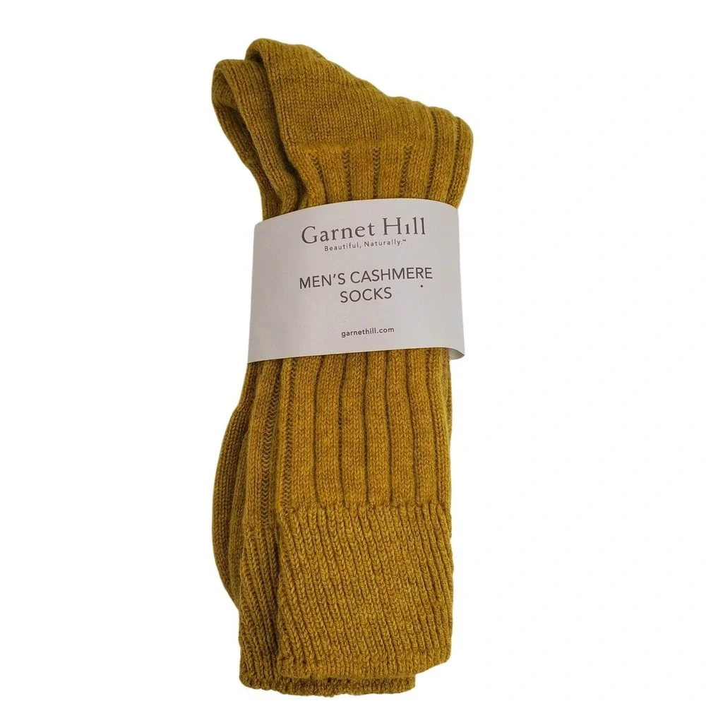 Mustard Gold Cashmere Crew Socks Mens‎ Large Warm Ribbed Pattern Garnet Hill NEW